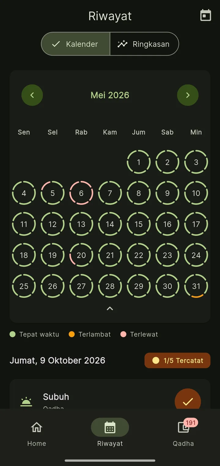 A month calendar with each day's prayers marked