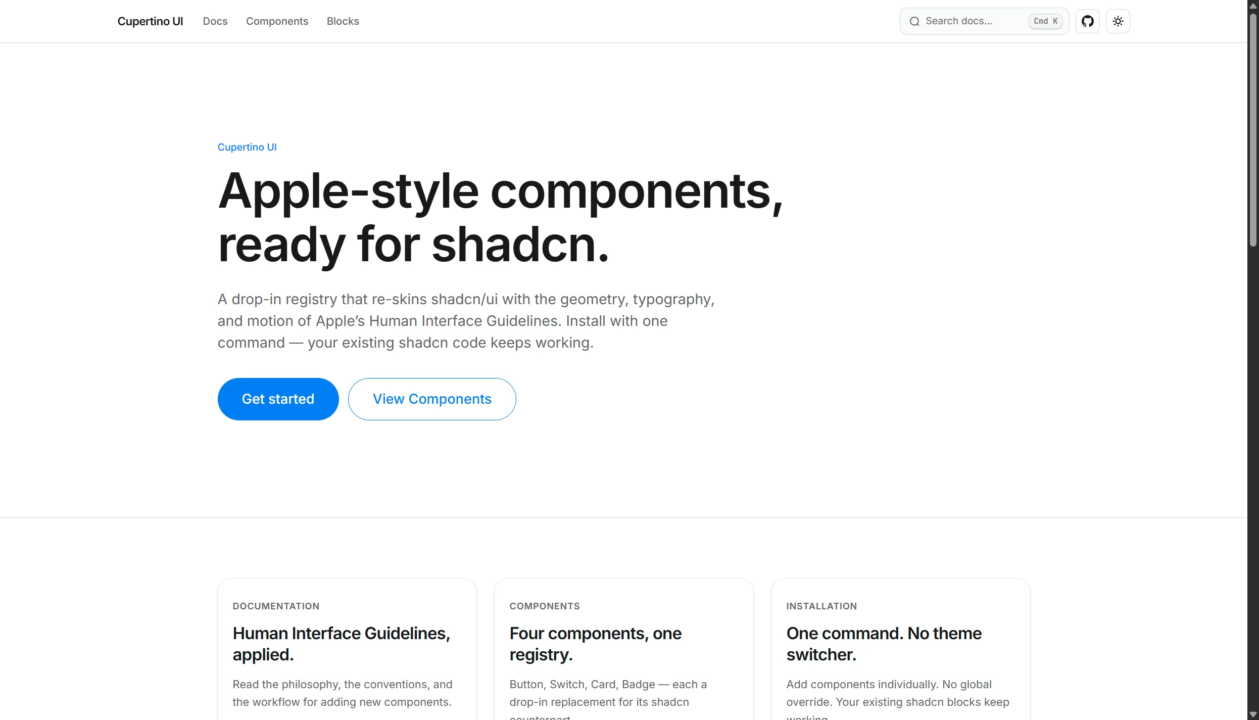 Cupertino UI homepage hero section with documentation and component navigation