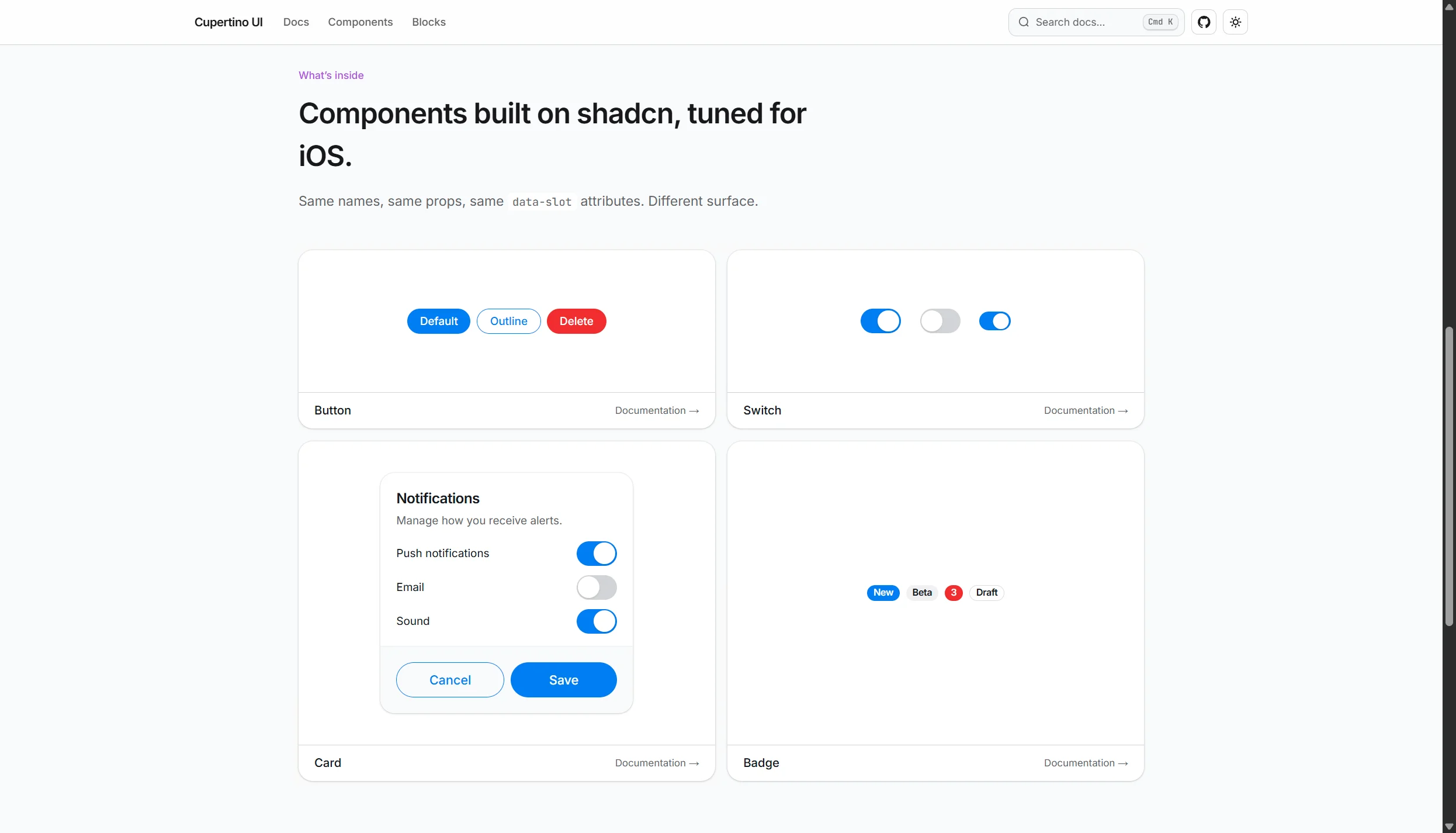 Interactive showcase cards featuring buttons, badges, segmented controls, switches, and sliders