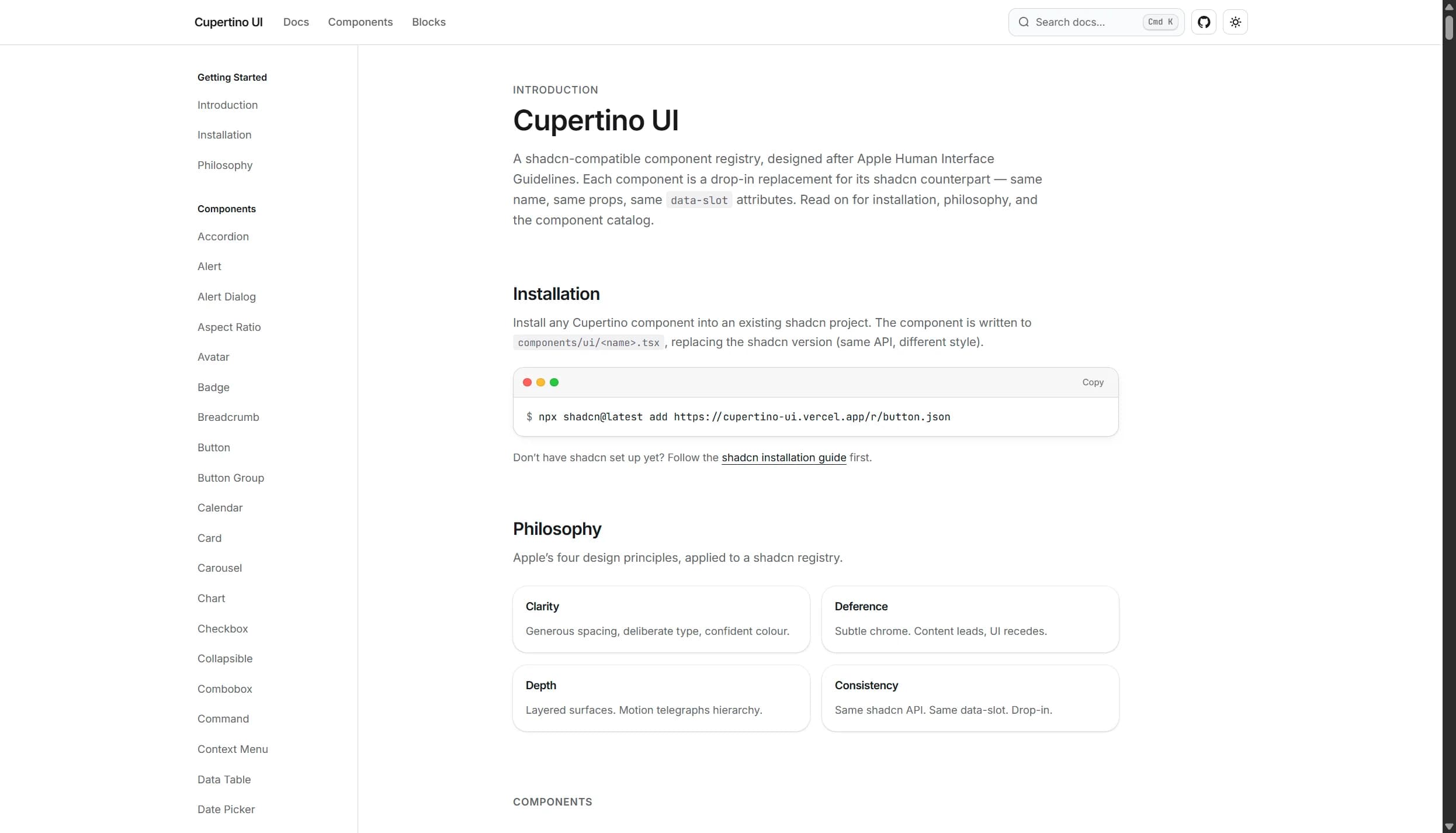Component documentation and CLI installation commands
